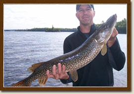 Jerry with the Northern Pike. Fishing getaways at Pickeral Arm Camp
