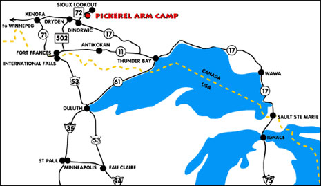 Highway map to Pickerel Arm Camp in Ontario